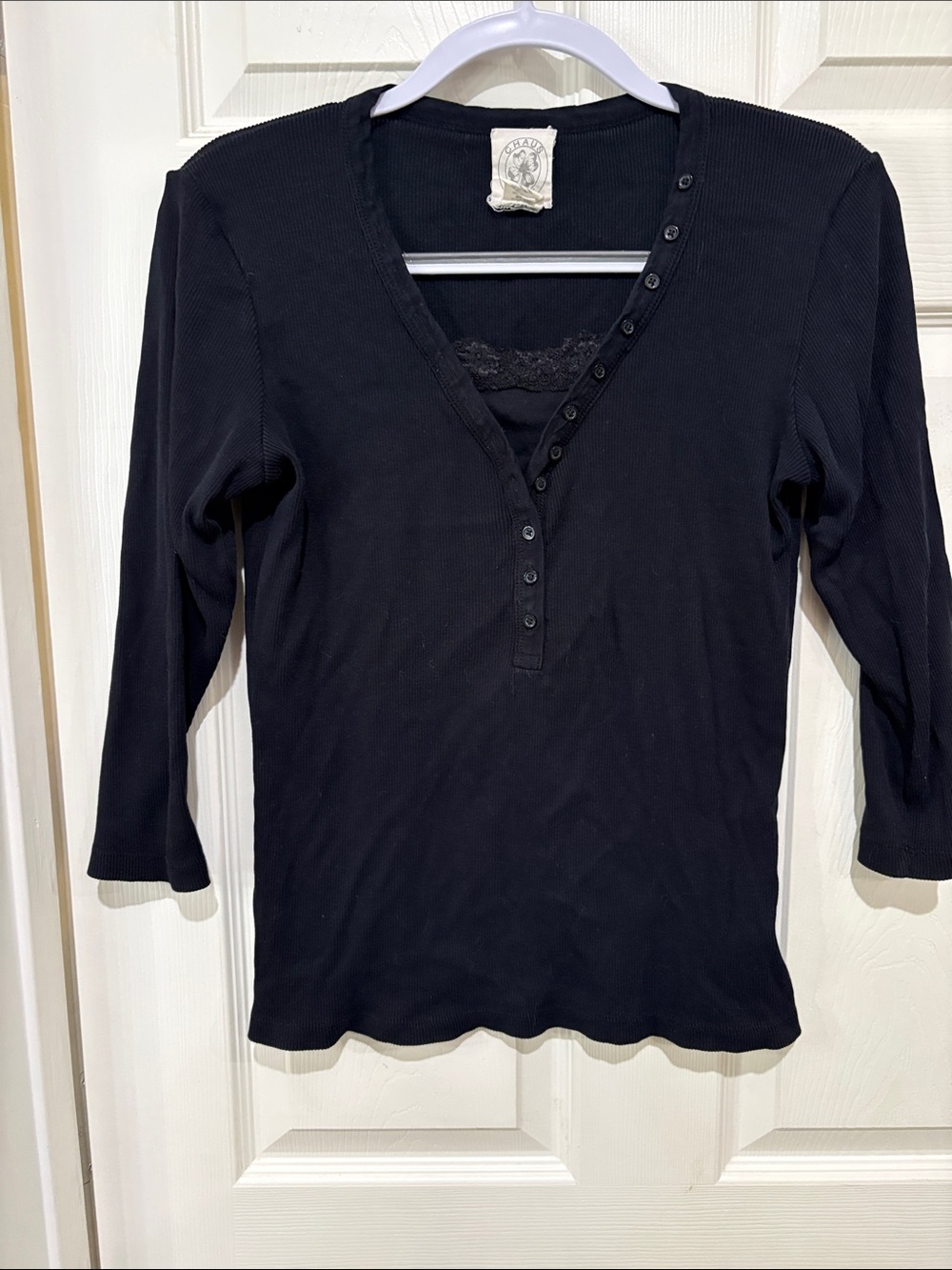 Chaus Black Organic Cotton Ribbed 3/4 Long-Sleeve Henley with Lace Trim